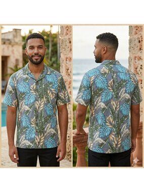 Island Shores Men's Hawaiian Shirt Large 100% Silk Green Tropical Button Up